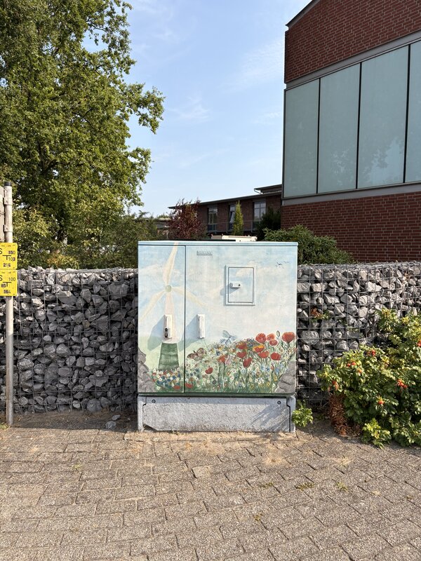 Zwei Stromkästen, die mit Grafitti bemalt wurden.