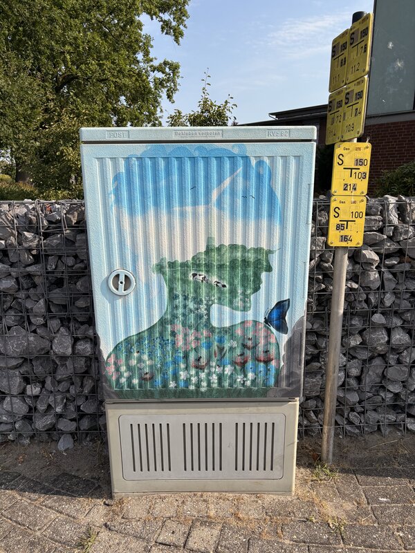 Zwei Stromkästen, die mit Grafitti bemalt wurden.
