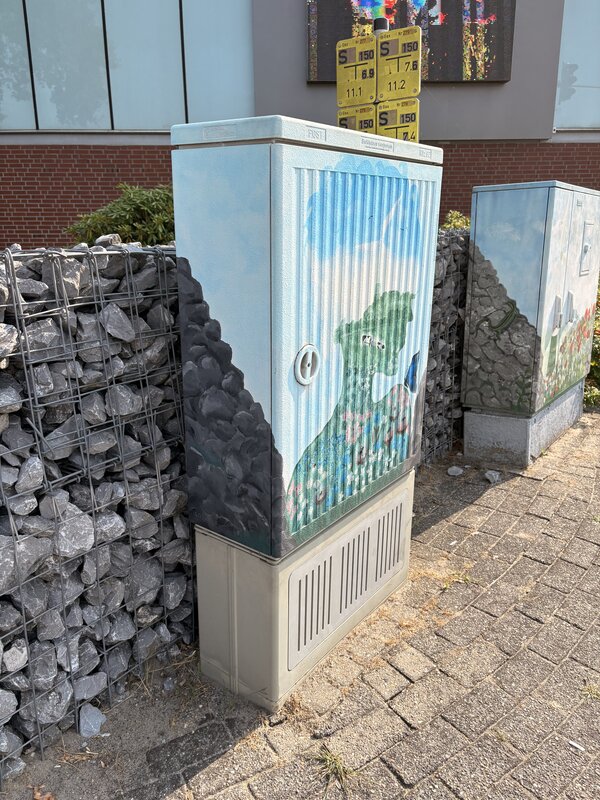 Zwei Stromkästen, die mit Grafitti bemalt wurden.