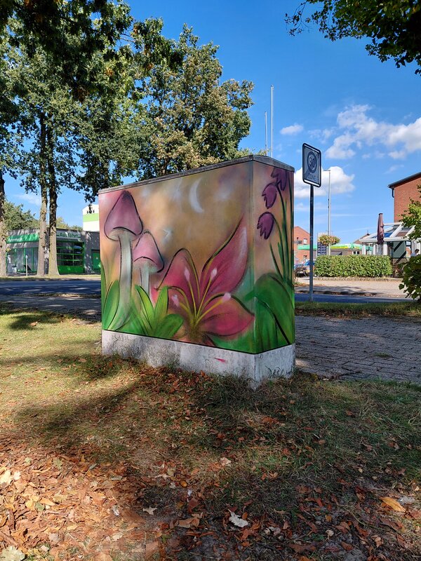 Ein Stromkasten unter einem Baum der mit Grafitti verschönert wurde