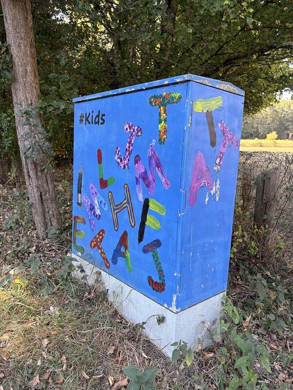 Ein Stromkasten, der mit Grafitti bemalt wurde und mehrere Buchstaben in verschiedenen Farben abbildet.