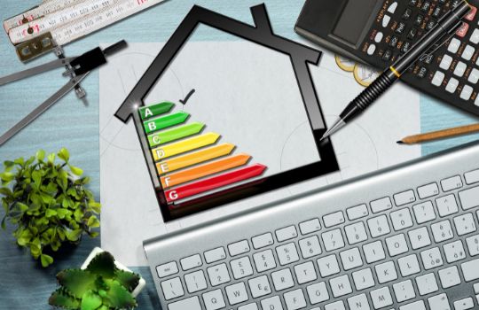 Ein Haus mit Energieeffizienzklassen, eine Tastatur und Stifte liegen auf dem Schreibtisch