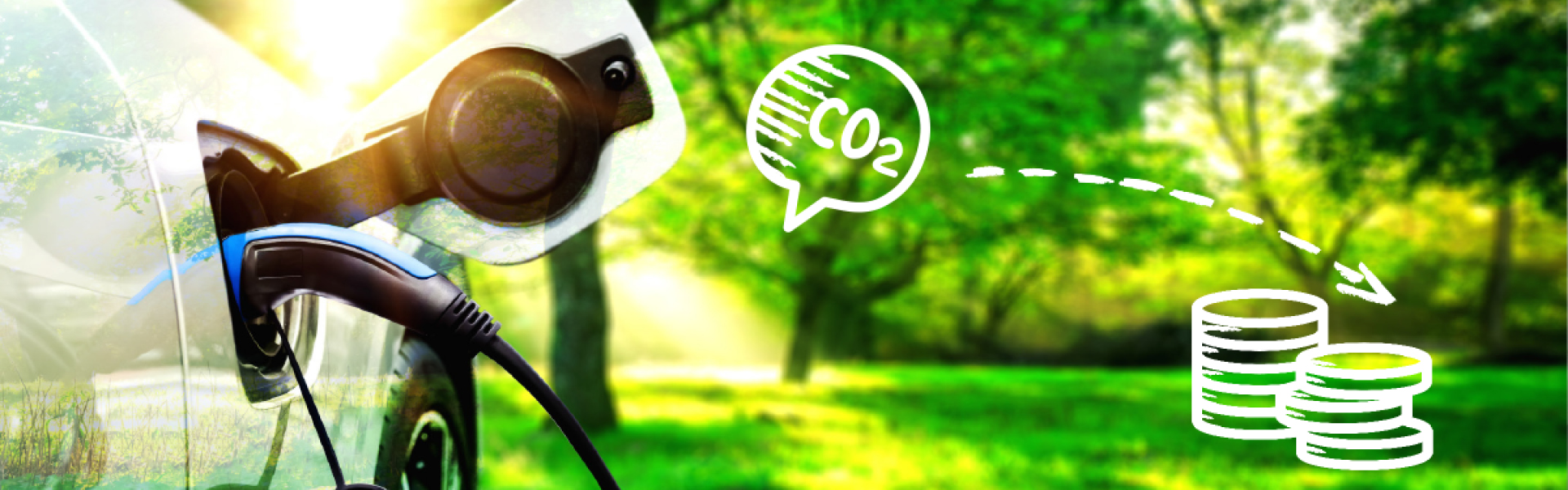 Elektroauto wird getankt, weiße Icons als Sprechblase und Münzen